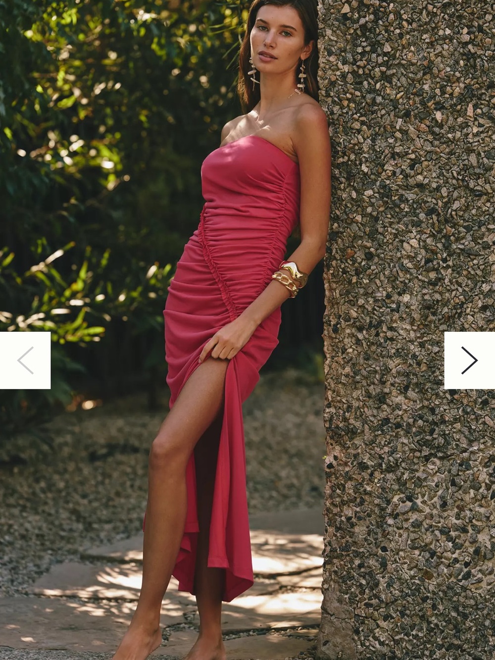 Anthropologie Strapless Ruched Midi Dress in Hot Pink